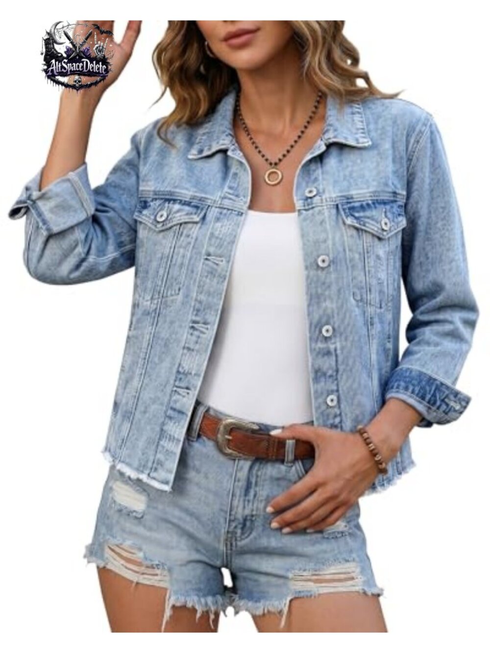 Distressed Denim Jacket Button Down Frayed Hem Western Trucker